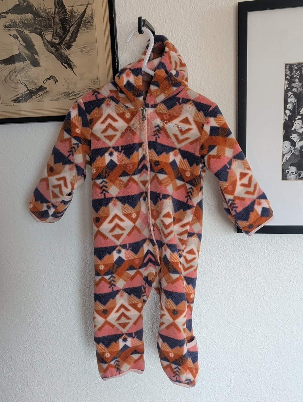 6-12 Mo. Columbia Cozy Geometric Fleece One-Piece - Pink, Orange & Navy